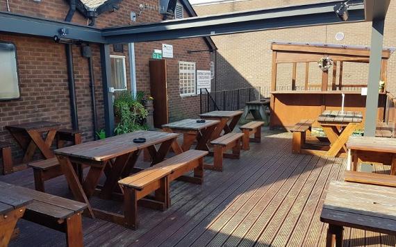 A view of the outside beer garden behind The Old Vic pub