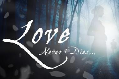 Illustration of a shadow of a woman in the woods with the words Love Never Dies