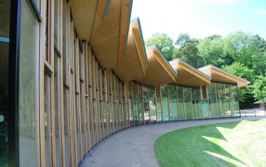 A view of the front windows outside the Pavilion Café