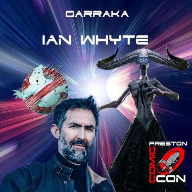 A promotional image for Preston Comic Con 2024 with the actor Ian Whyte posing for a photo