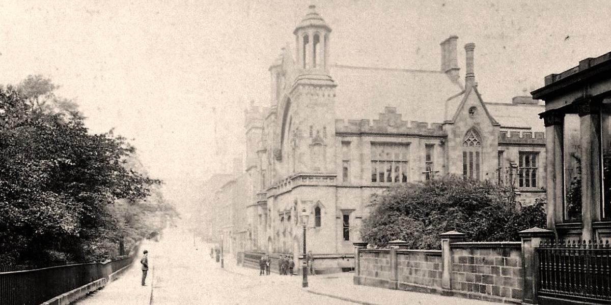 Historical photograph of Winckley Square buildings and its gardens.