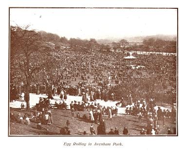 Vintage sepia photograph of egg rolling taking place on Avenham Park.