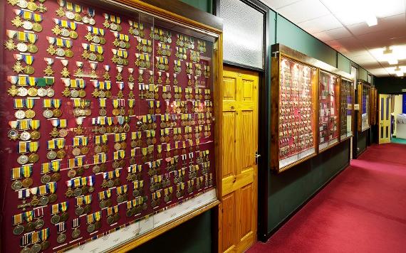 Walls of medals on display inside the Lancashire Infantry Museum.