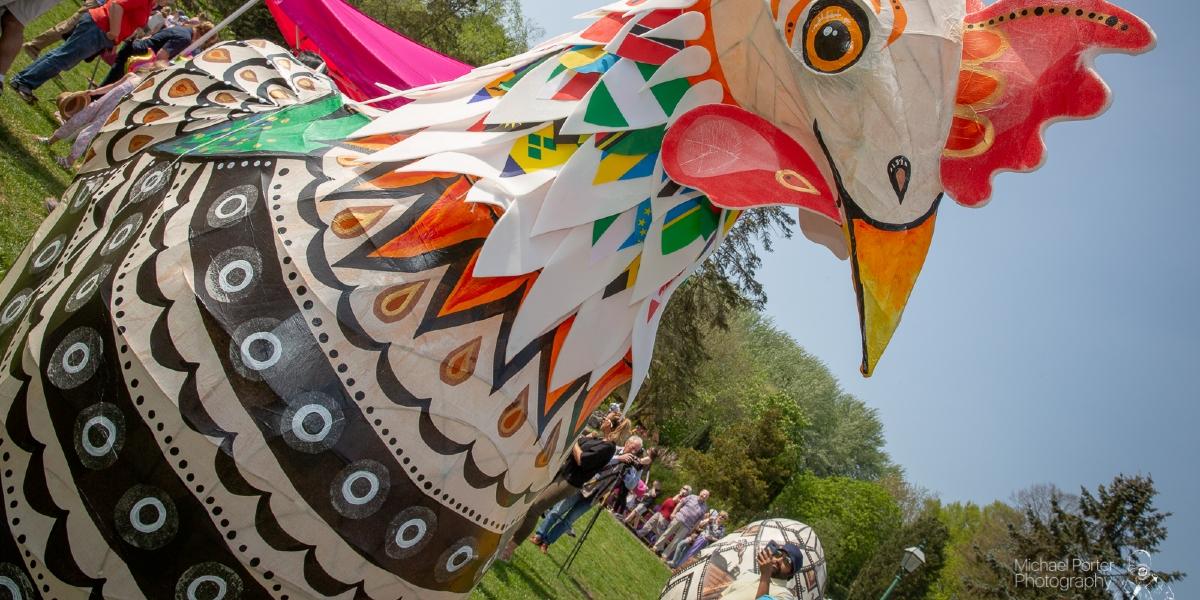 Giant chicken Easter decoration on Avenham Park during annual Egg Rolling event.