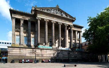 Harris Museum and Preston Flag Market on a sunny day.