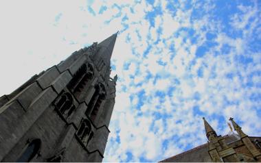 View looking up at St Walburge's spire.