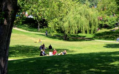 Group relaxing on grass in Winckley Square gardens.