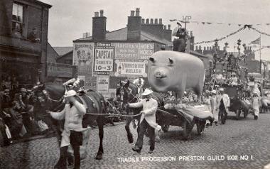 Model pig on a flat during 1902 Preston Guild trades procession.