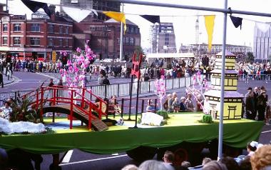 Avenham Park Japanese garden scene on float during 1972 Preston Guild procession.