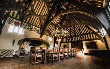 Inside Samlesbury Hall's Great Hall.