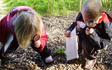 Children using magnifying glasses to look for bugs on the floor.