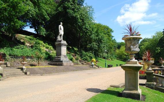 View down top pathway with Earl of Derby statue in Miller Park.