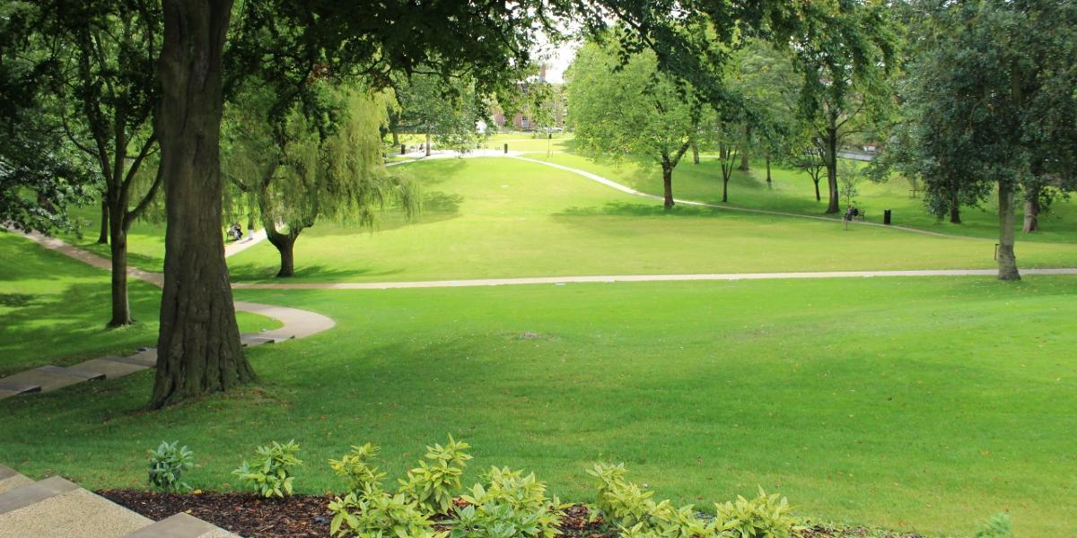 View down the entrance steps into Winckley Square Gardens.