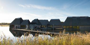 Brockholes floating visitor centre on a sunny day in Preston, Lancashire.