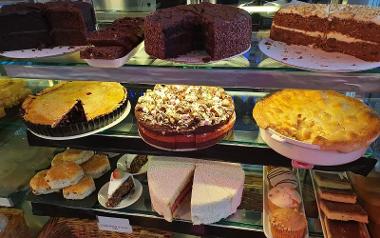 Cakes on display inside Cherry Pie Coffee Shop.