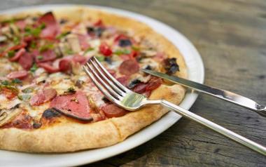 Close-up of pizza served at Italian Orchard, Preston.