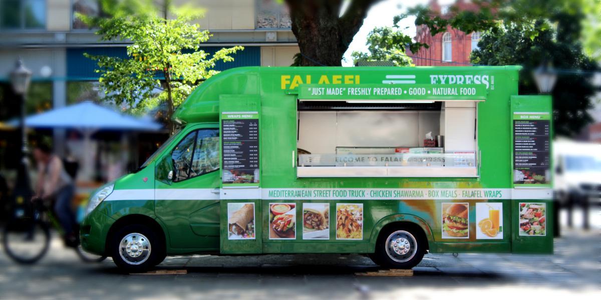 Falafel Express van parked on Preston Flag Market.