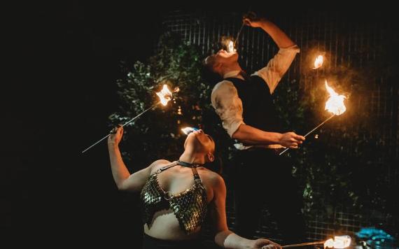 Two fire eaters performing at Baker Street Preston.