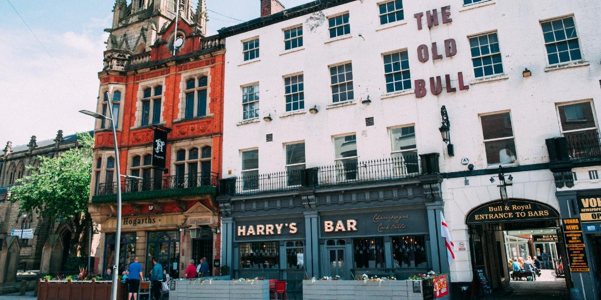 Harry's Bar exterior and seating area on Church Street, Preston.