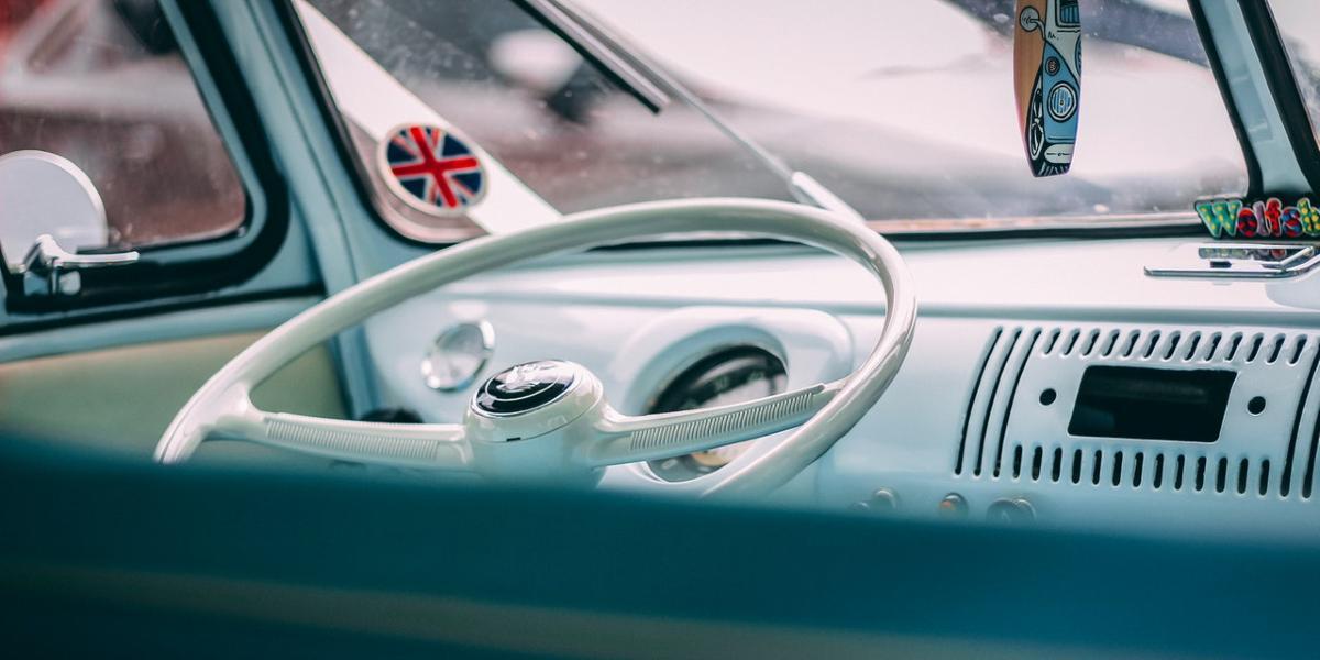 Powder blue interior of vintage car.