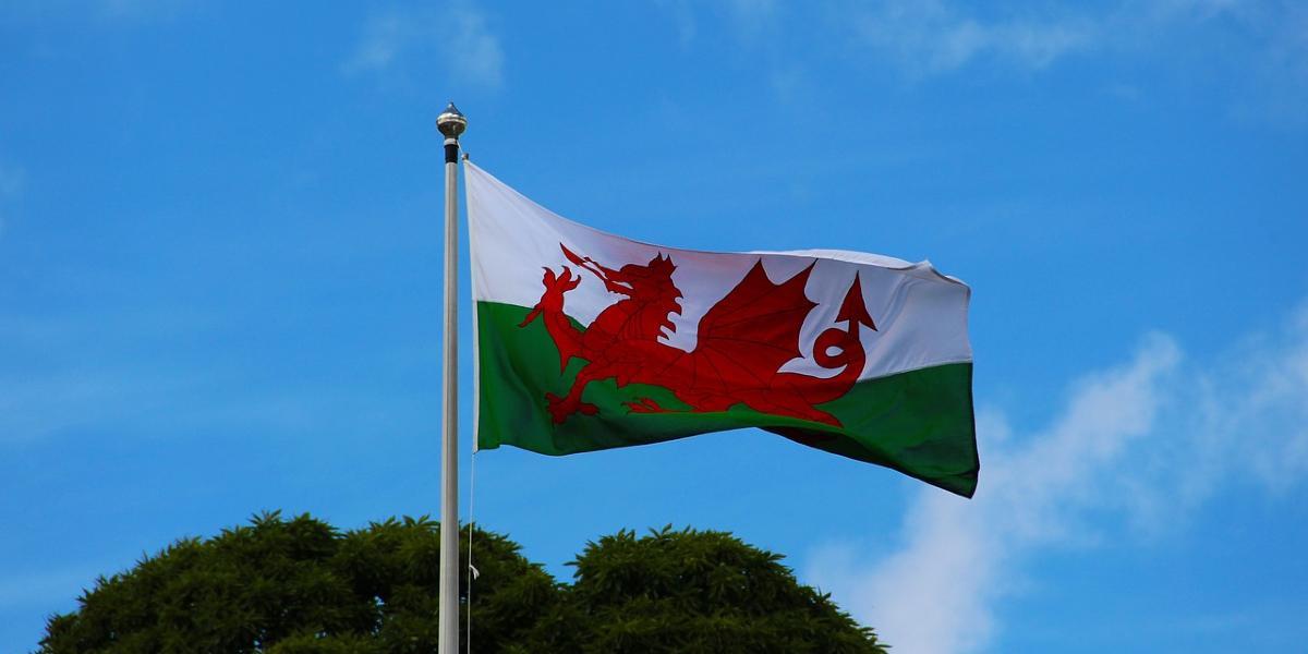 Welsh flag flying on pole.