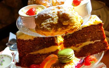 Close up of Hoghton Tower afternoon tea cakes and desserts.