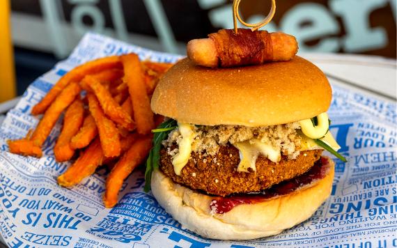 Bob and Berts burger with sweet potato fries.